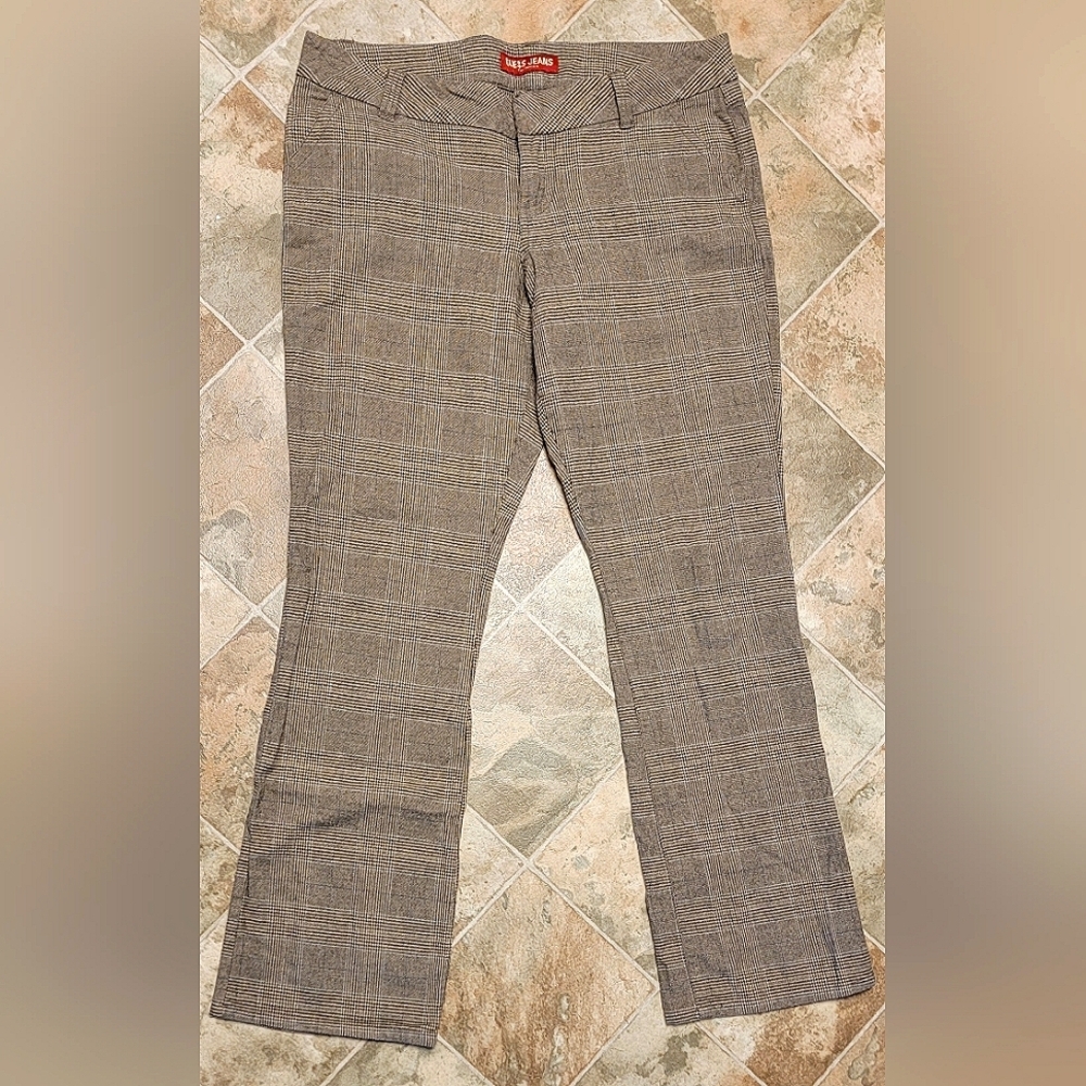 Y2K Guess Flared Plaid Pants Women's 34 Brown Blue Low Rise Stretchy Cotton